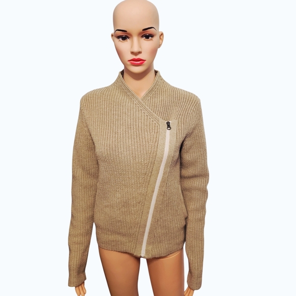Athleta Stowe Moto Zip Merino Wool Asymetrical Beige Knit Cardigan Sweater Sz S - Picture 3 of 7